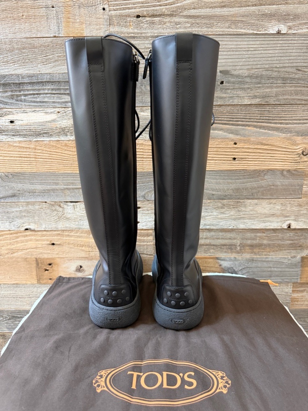 Tod's Black Leather Tall Knee-Length Lace-Up Side Zip Boots Size 39 / 8 NIB - Picture 4 of 14